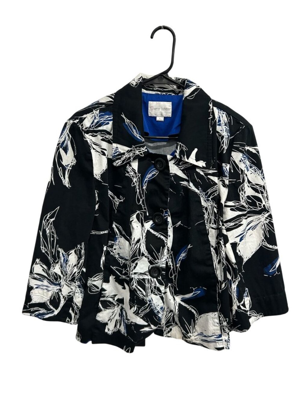 Erin London Large Black Floral Button Up Jacket 3/4 Sleeves Cottagecore Whimsica